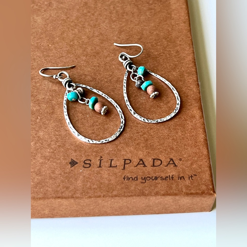 Retired Turquoise, Wood and Sterling Silver hammered Sterling Silver Earrings - Picture 2 of 4